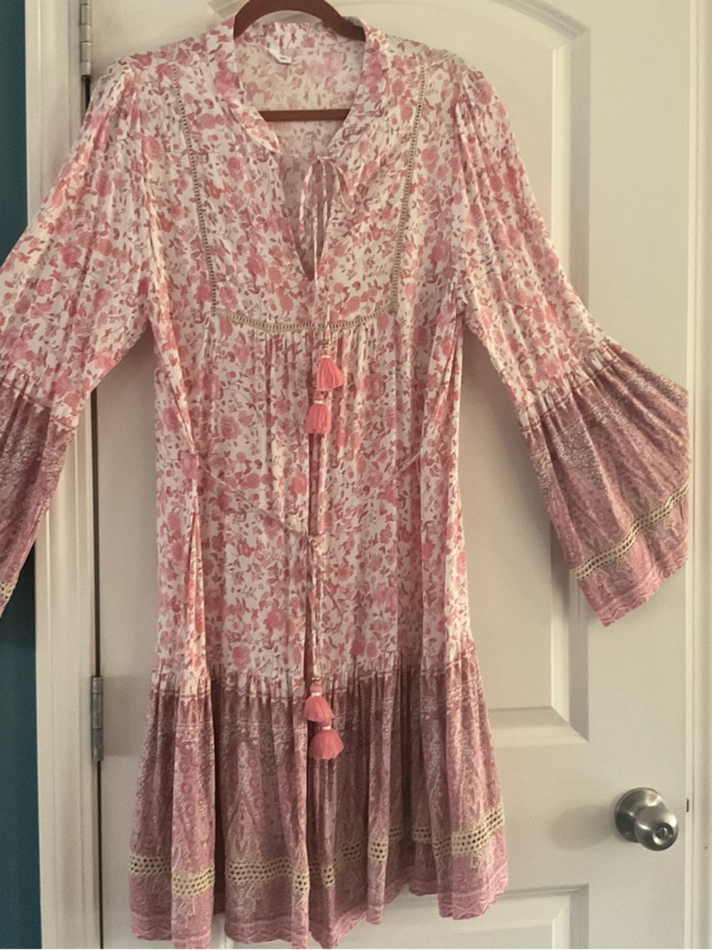 Peasant boho dress, tiers, contrasting patterns